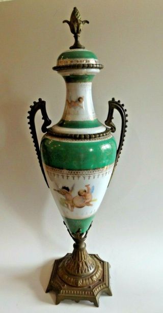 Antique Hand Painted Porcelain Urn With Bronze Fittings & Putti