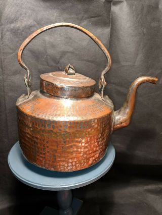 Large Antique Hand Hammered Copper Tea Kettle Tin Lined Goose Neck