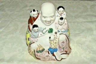 Vintage Chinese Famille Rose Porcelain Happy Buddha With 5 Children