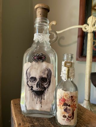 Oddities Antique Bottles Skull Art Gothic Macabre Steampunk 5” - 9” Gift