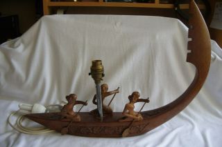 Vintage Large Carved Wooden Boat Table Lamp.