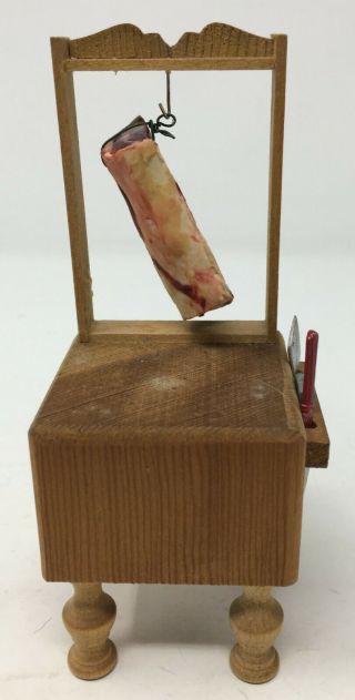 Vintage Dollhouse Miniature Wooden Butcher Block Table W Hanging Meat & Tools