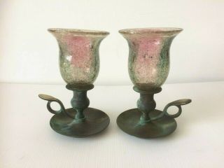 Antique 19th Century Brass & Glass Candle Holders