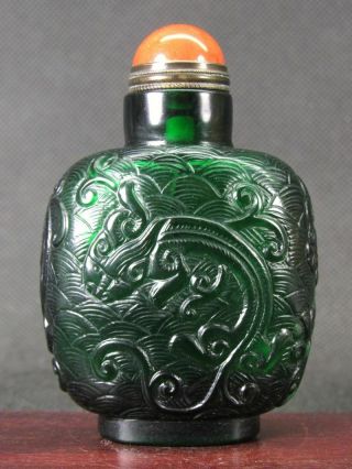 Chinese Four Dragon Carved Green Peking Glass Snuff Bottle