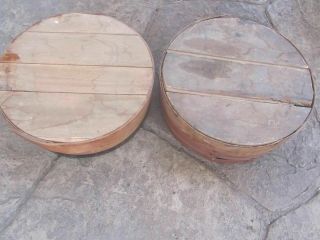 Antique Wood Round Cheese Box - Cloth Lined - Slat Nailed Lid - Red Wax