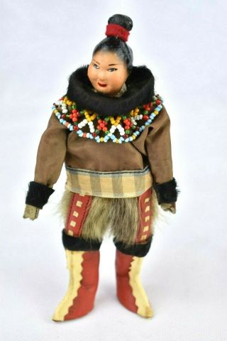 Vintage Greenland Inuit Traditional Costume Doll With Beading 1960s Hand Made