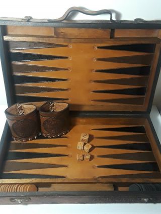 Antique Folk Art Leather Hand Made Backgammon Game Case