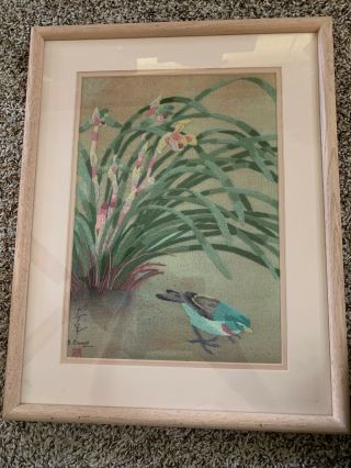 Japanese Silk Embroidery Framed Fine Art Vtg Antique Asian Signed Bird Orchids