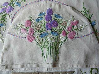 Vintage Hand Embroidered Tea Cozy/cover /fairistytch Sweet Peas & Cornflowers