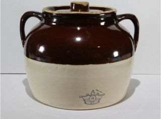 Antique Vintage Bean Pot Stoneware 4 Crock With Lid.  Brown And Tan.