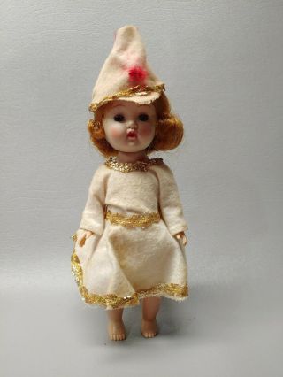 Vintage Hard Plastic Walker Doll 7 1/2 " Blonde White Gold Dress