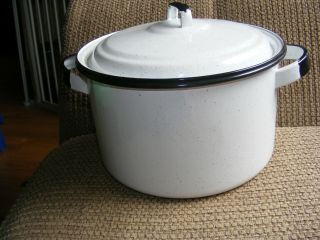 Vintage White Enamelware Stock Pot With Handles And Lid Black Trim Antique