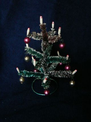 Antique Vintage 5 1/2 " Christmas Brush Tree W/candles Glass Ornaments