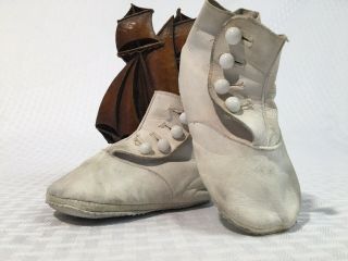 Antique Victorian French Fashion Doll Leather Shoes Boots Bru Jumeau White