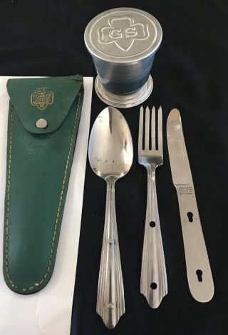 Rare Vintage Girl Scouts Schrade Utensil Camping Set Green Leather Folding Cup