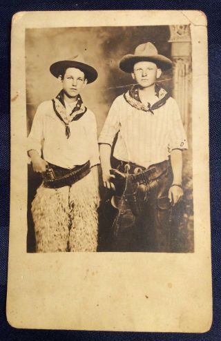 1900s Rppc Cowboys Guns Revolvers Wooly Chaps Western Real Photo Antique Rare