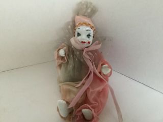 Vtg Small Clown Pink Doll Porcelain Painted Face Hands Feet Cloth Body 7.  5” Tall