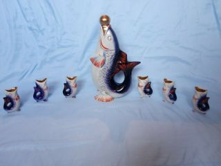 Ussr Soviet Porcelain Figurine Decanter Fish With 6 Kids Glasses