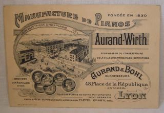 Antique Trade Card Piano Aurand Wirth Manufacture De Pianos Lyon France