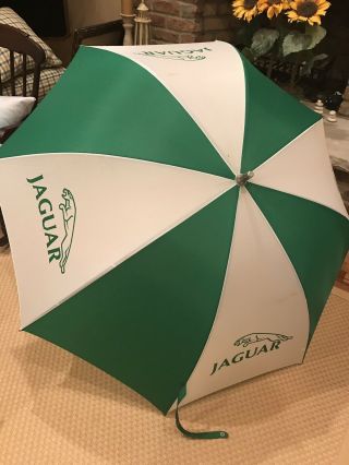 Rare Vintage Golf Beach Umbrella Wooden Handle 48 Inches Green Jaguar Auto Logo