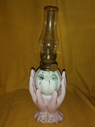 Antique Relco Japan Porcelain Oil Lamp In Ladies Hand 1950 