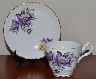 Vintage Consort English Fine Bone China Teacup & Saucer - Purple & Yellow Floral