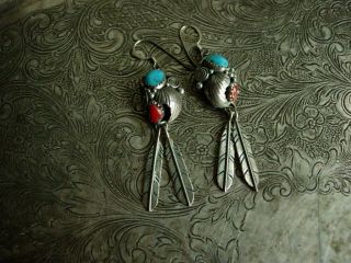 Rare Vintage Sterling Coral Turquoise Indian Statement Native American Earrings