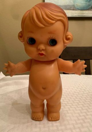 Vintage 9” Rubber Squeaky Chubby Girl Doll Big Head Big Eyes Curly Hair