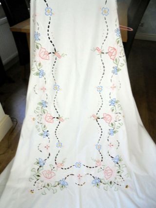 Banquet Size Madeira Tablecloth,  Hand Embroidered Flowers & Cut Work