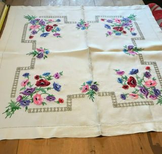 Stunning Vintage Irish Linen Hand Embroidered Tablecloth Gorgeous Florals