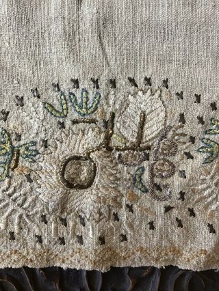 Antique C19th Ottoman Turkish Raw Silk Hand Embroidery Gold Thread Hand Towel 2