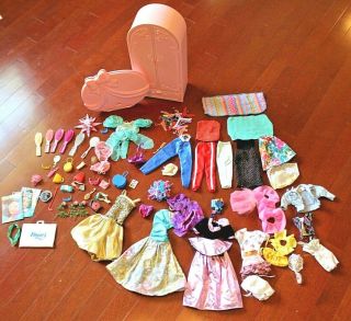 Vintage Barbie Ribbons & Roses Wardrobe Head Board W/ Clothes Accessories 1980 