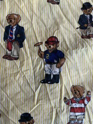 Rare Vintage Ralph Lauren Polo Bear Yellow Stripe Queen Fitted Sheet Fabric 3