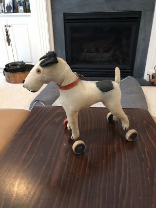 Antique Vintage Steiff Fox Terrier Pull Toy W/ Wheels And Button