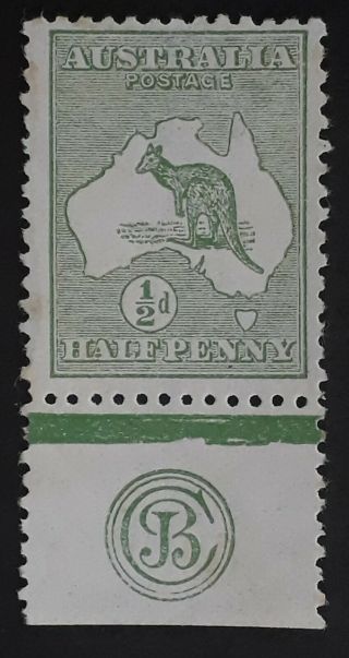Rare 1913 Australia 1/2d Green Kangaroo Stamp Jbc Monogram Die 1