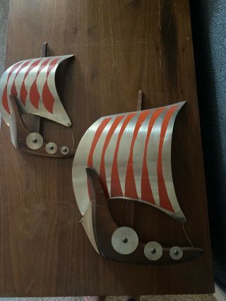 Vtg Viking Ship Boat Brass Wood Mid Century Wall Hanging Decor Pair Japan