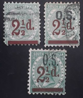 Rare 1891 South Australia 2.  5d Surch Stamps X 3 Including 2 Types O.  S.  O/p