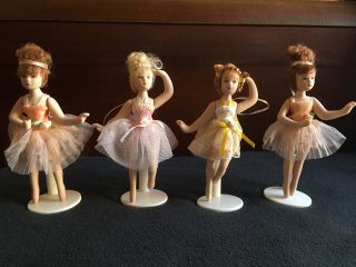 Vntg 4 Porcelain Ballerina Dolls Xmas Ornaments Red Blonde Hair Tutu 6” W Stand