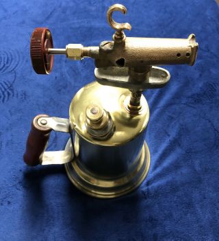 Antique Vintage Brass Gasoline Blow Torch With Wood Handle