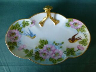 Antique Limoges Hand Painted Birds And Flowers Dish With Gold Handle