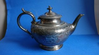 Antique Highly Ornate James Dixon & Sons Silver Plated Tea Pot.  1904 Engraved.
