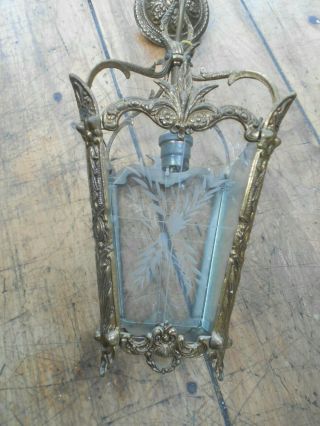 Antique Vintage French Gilt Brass Rococo Hall Lantern Gold Glass