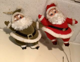 Rare Pair Vintage Red & Green Christmas Ornament Plastic 4 " Santa Clause