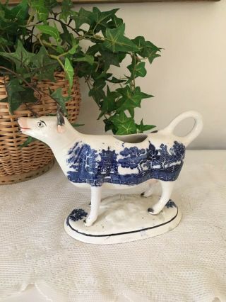 Antique Blue Willow And White Staffordshire Cow Creamer Transfer Ware Marked