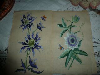 Vintage Hand Embroideries Passiflora And Thistle Type Plant 1930 