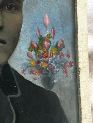 Antique Tin Type Photo W Hand Painted Flowers Old Rare