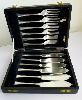 Antique Vintage Silver Plated Fish Cutlery Set 12 Pce 6 Persons Knife Fork Boxed