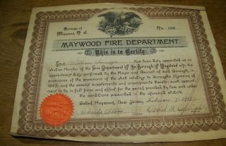 1917 Antique Maywood Nj Fire Department Fireman Certificate William Sinneger