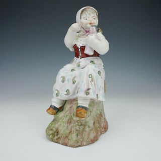 Antique French Faience - Tin Glazed Pottery Young Girl & Doll Figure - Unusual