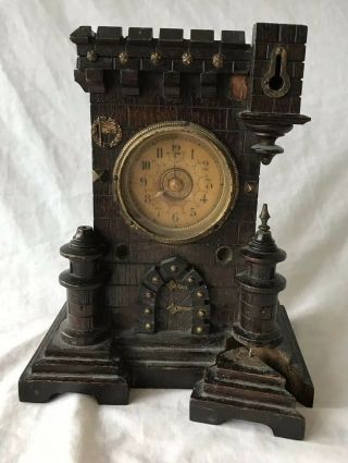 Vintage Castle Pendulum Wooden Mantel Wall Clock With British Flag Emblem & Key